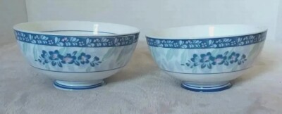 Set Of 2 Cheng's White Jade Rice Soup Bowls Blue Floral Leaves 