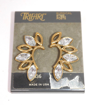 Trifari Gold Tone Rhinestone Earrings