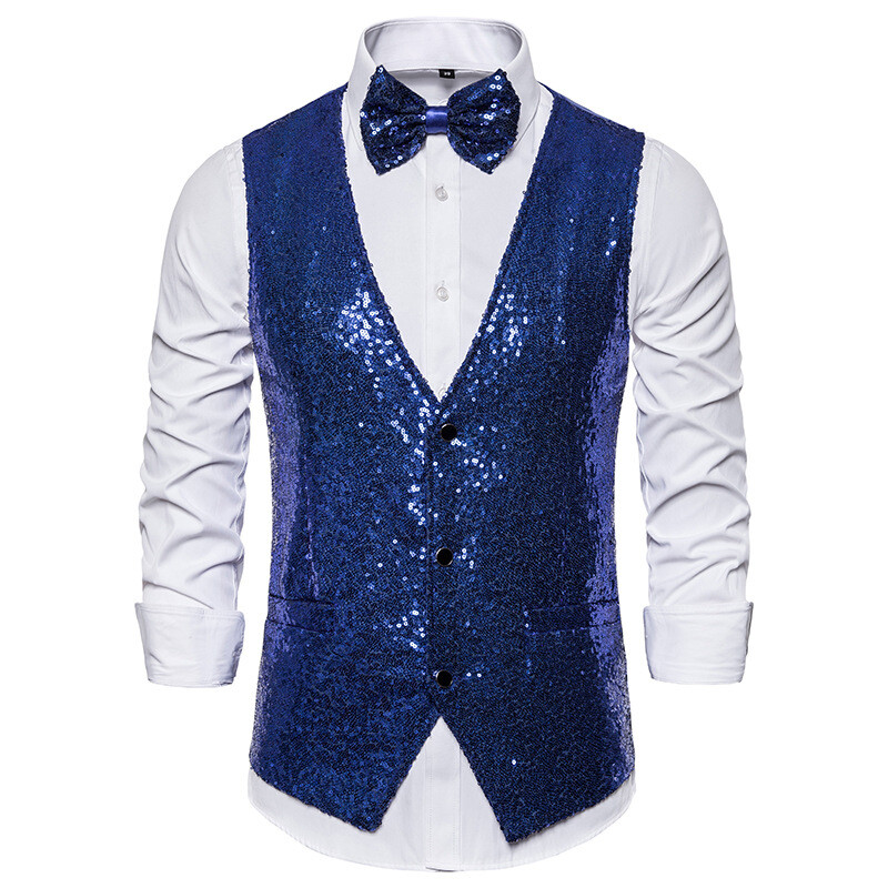 Mens Sequin Vest Button Vest Glitter Waistcoat Business Dance Party