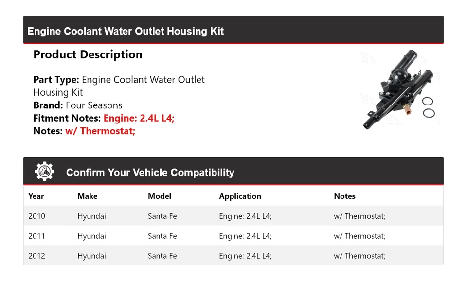 Kit de carcasa de salida de agua de refrigerante para motor Hyundai Santa Fe 2010-2012 4 estaciones Foto 2 de 4