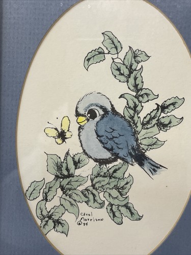 Carol Morrison Hand Watercolor Bluebird And Butterfly, Small Art Framed/matted - Picture 5 of 8