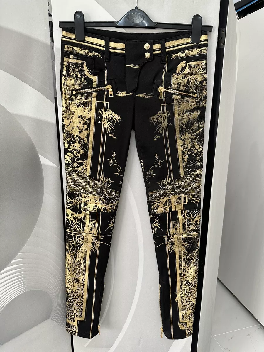Authentic Very Rare Balmain Black Biker Stretch Jeans Gold Detailing EU 36