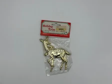 Vintage STERLING Holiday Trim Gold Reindeer Christmas Ornament Plastic 5" - HONG