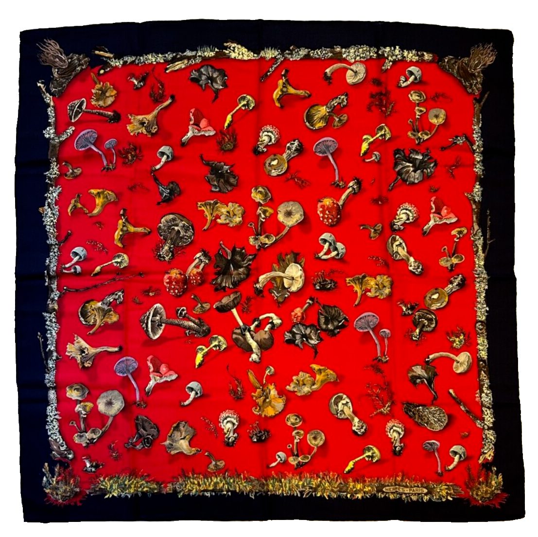 Hermes Cashmere Silk Scarf 90 Champignons Mushroom Design Shawl