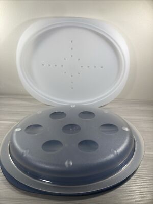 Tupperware Keep N Heat Microwave Serving Platter Meat Tray Set Blue Large New! 