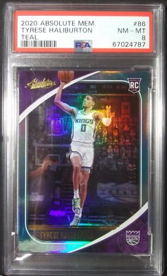 2020 Panini Absolute Mem Rookie /49 Teal Prizm #86 Tyrese Haliburton RC SP PSA 8