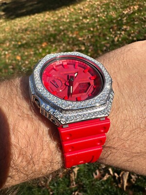 MOISSANITE Real 925 Silver Iced Red Casio G Shock GA-2100 Hip Hop