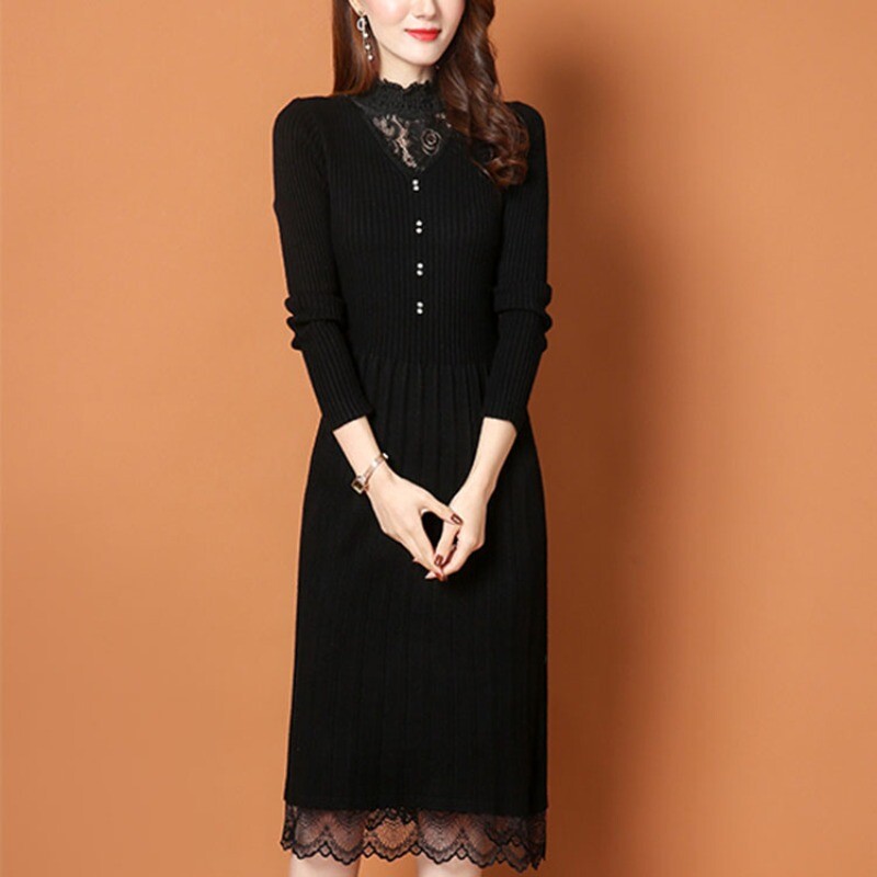 Women Knitted Dress Midi Mock Neck Sweater Dress Lace Trim Warm Pullover  Slim | eBay