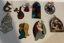 Lot of 10 Stained Glass  Plastic Christmas Ornaments, Angels, Bell, Candy Cane