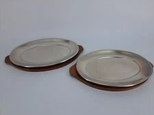Sizzling Fajita Set of 2 Heavy Aluminum Platters Teakwood Underplate 12.75"x7.5"