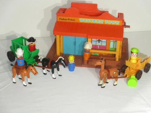 VINTAGE 1982 FISHER PRICE LITTLE PEOPLE WESTERN TOWN PLAYSET #934 HORSES COWBOYS