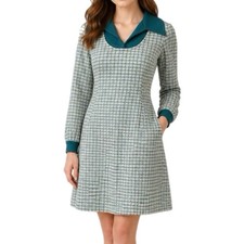 Vintage Mod GoGo Dress Womens 60s Polyester Green Spread Collar A-Line - S/M