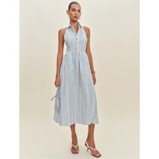 NWT Reformation Tace Linen Midi Dress Corsica Stripe Blue White 10
