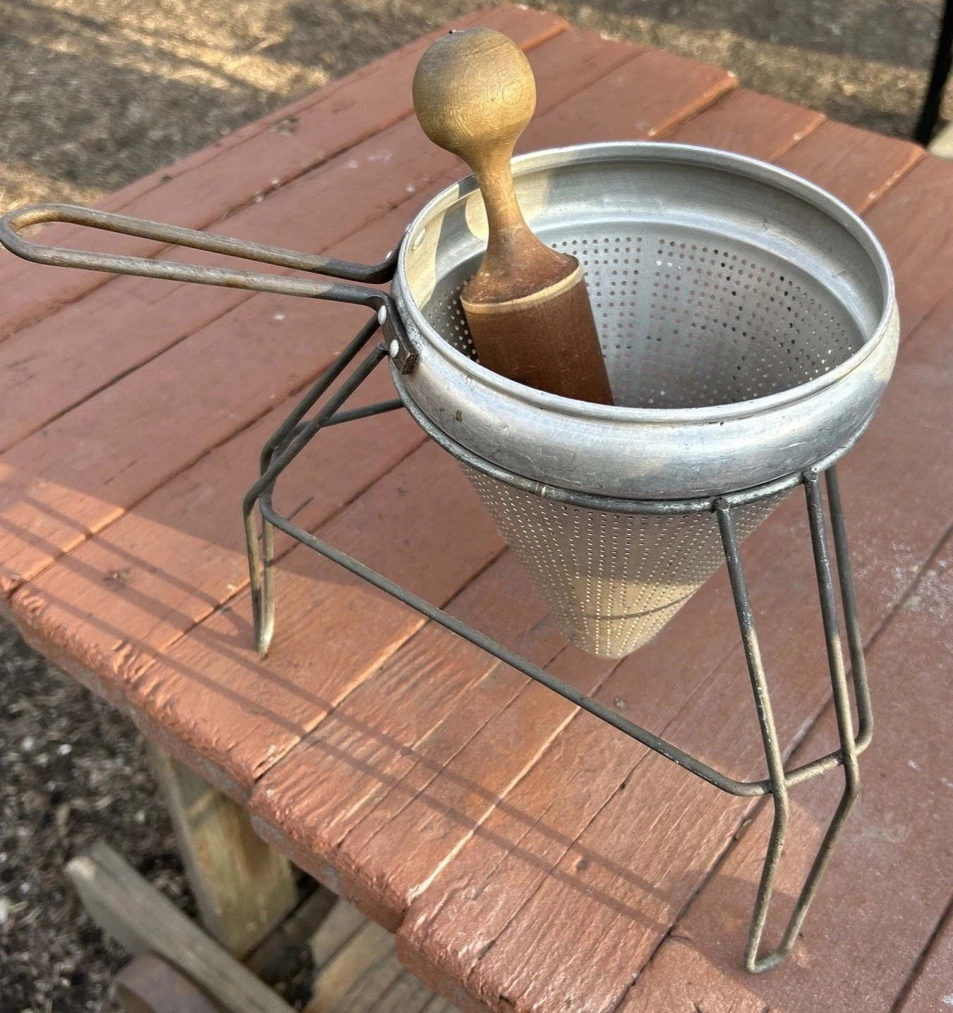 Vintage Aluminum Food Mill Cone Sieve Colander Strainer With Wood Pestle & Stand
