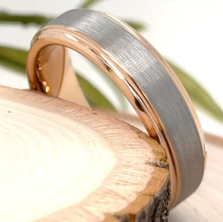 Silver Brushed Finish & polished Rose Gold Tungsten Ring – 6mm Wedding Band
