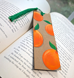Hand Painted Paper Bookmark Orange Fruit Pattern Brown Rectangle w/ Green Tassel