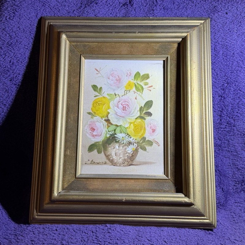 Framed Floral Roses Still Life oil painting on canvas, approx. 11 x 9 in