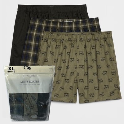 Banana Republic Boxers 3 Pair Men's XL Elephants Plaid Solid Boxer Shorts