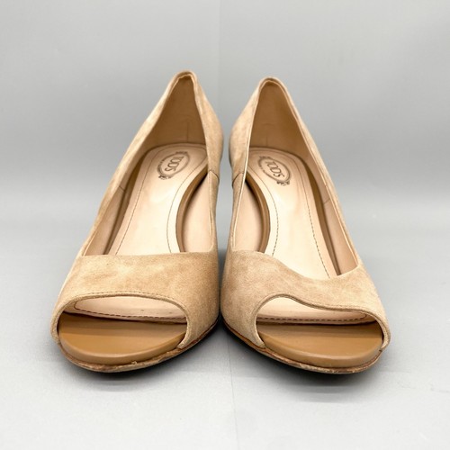 Tod's Womens 37A/ 7 Beige Suede Wedge Heel Shoes Peep Toe Slip On Pumps - Picture 3 of 15