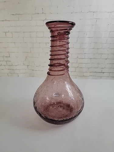 Vintage BLENKO Crackle Glass Vase Amnethy Crystal With Applied Spiral 1999 #9432