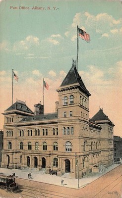 Vintage Post Office Albany NY Postcard 1914 Washington Stamp Trolley