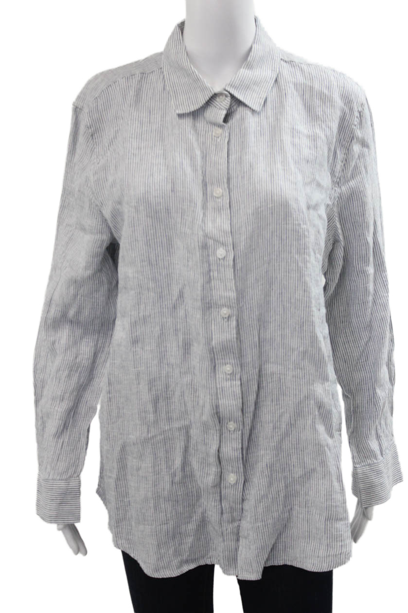 Quince Womens Basic Striped Linen Collared Button… - image 1