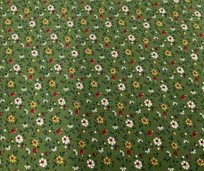VIP CRANSTON - GOLD & WHITE MINI FLORAL ON GREEN COTTON-- BY THE YARD
