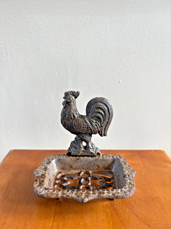 Antique 1920's Rustic Cast Iron Rooster Soap Dish | 6" Tall