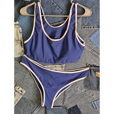 Womens Navy Blue Two-Piece Swim Set with Crea...