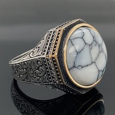 925 Sterling Silver Men Round White Turquoise Stone Ring