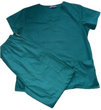 2 PC Greentown Women  s Large Hunter Green Scrubs Stretch Crisp Big Pockets VNECK