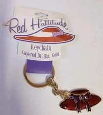 RED HATTITUDE Keychain Red Hat Society Layered in 18 kt. Gold Hat & Bow NEW
