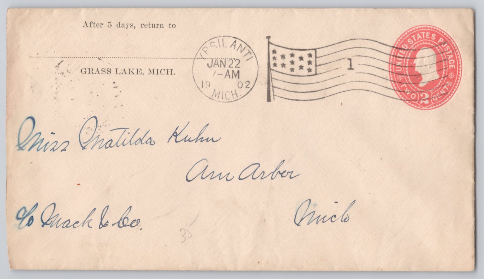 Grass Lake, Mich., 2c stationery env., addressed Ann Arbor; Ypsilanti