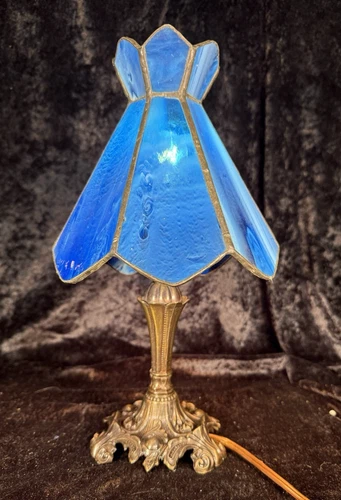 Vintage Tiffany Style Cobalt Blue Stained Glass Table Lamp Intricate Brass Base
