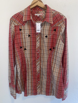 Tin Haul Cowgirl Pearl Snap Shirt Metallic Rust Plaid Embroidered Large NWT