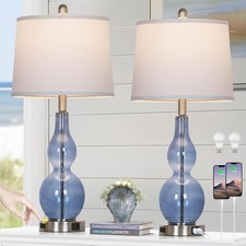 27.5" Coastal Blue Glass Double Gourd Table Lamp Set of 2,3-Way Dimmable