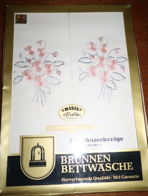 2 Kissenbezüge-Paradekissen-Stickerei-Veilchen-Weißwäsche-Kopfkissen-Neu/unb.