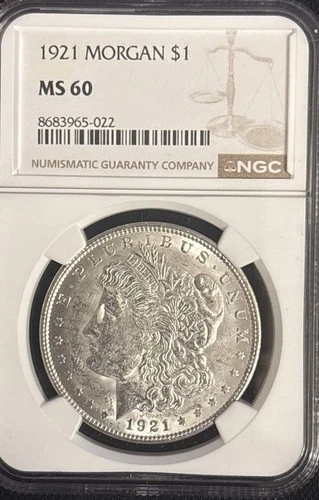 1921 MORGAN SILVER DOLLAR $1 COIN. NGC GRADED: MS 60. NGC