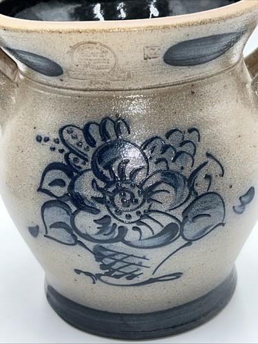 Vintage Rowe Pottery Salt Glazed Stoneware Handled Crock Vase Extra Cobalt 1989 - Picture 2 of 14