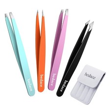 4 Pack Precision Eyebrow Tweezers Set Slant Tip Facial Hair Removal with Case