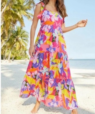 Jude Connally Rose Cotton Maxi Sun Dress Sz XL Kaleidoscope Floral Bows Tiered
