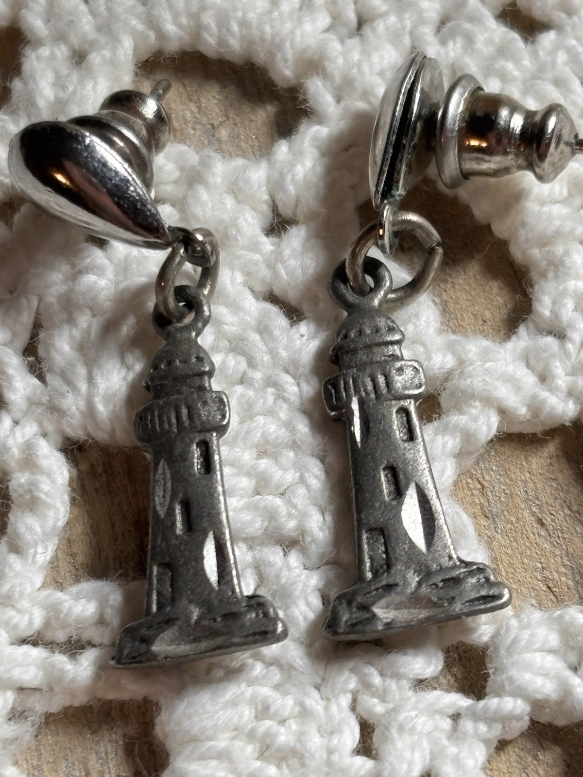 Pewter Lighthouse Dangle Post Earrings - image 1