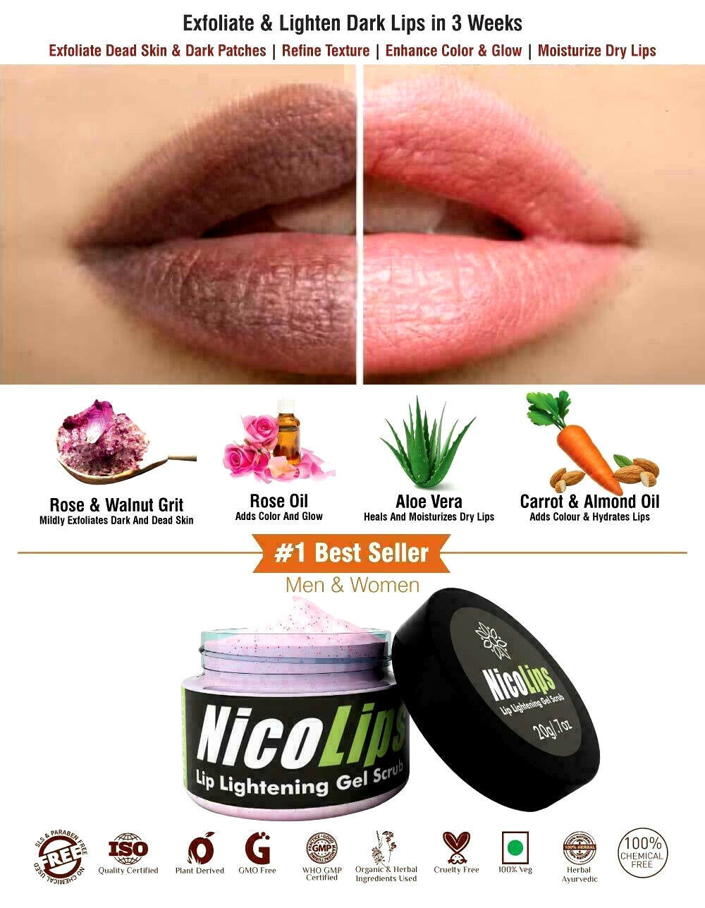 NicoLips Lip Gel scrub Removes Dark Lips & Nicotine 100% Genuin Fast Shipping
