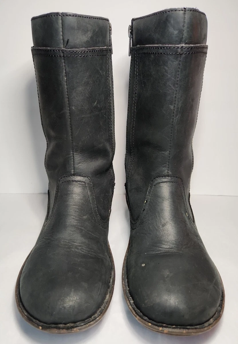 UGG Black Leather Mid Calf Wool Lined Side Zip Braid Detail Kaleen Boots 9