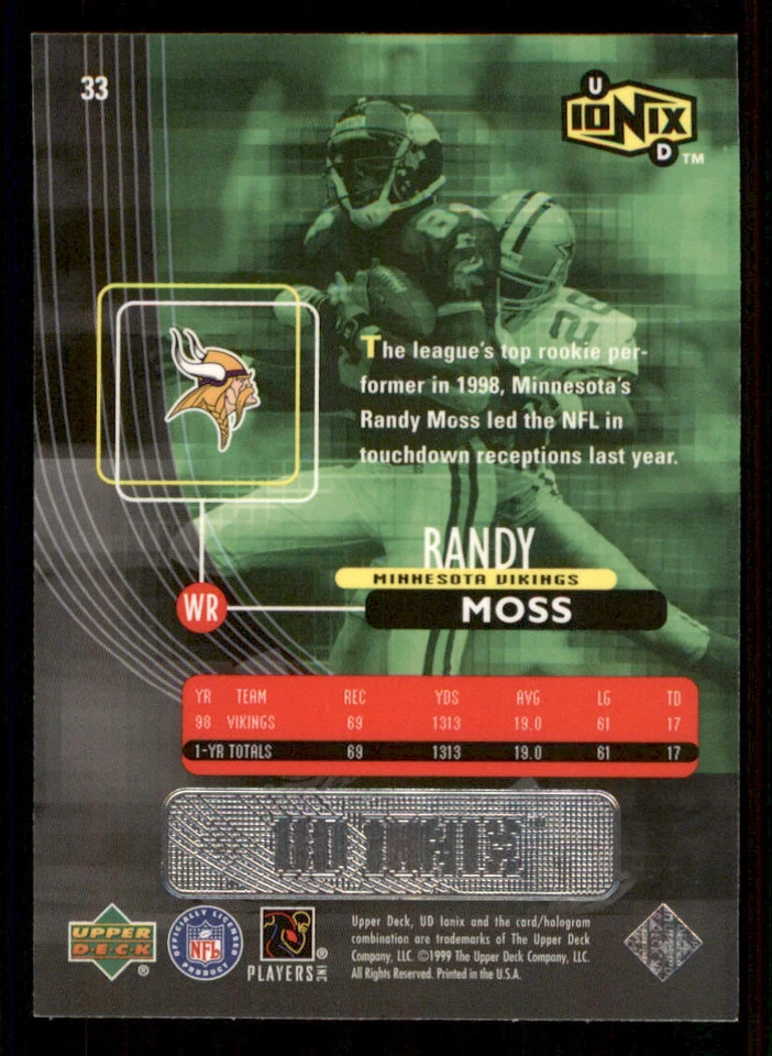 1999 UD Ionix #33 Randy Moss - Image 2 of 2