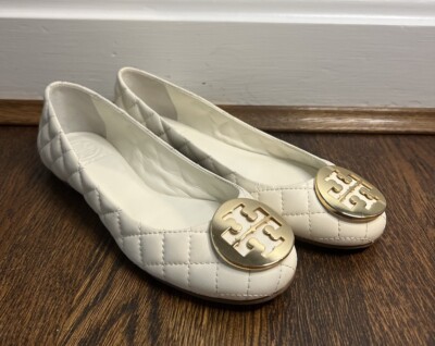 Tory Burch Quinn Quilted White Leather Ballet Flats