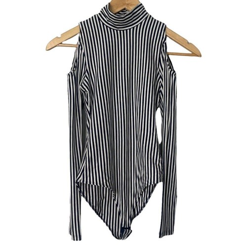 House of Harlow Women Turtleneck Bodysuit Blue Striped Cut Out Shoulders Size XS