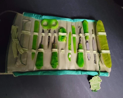 Antique German Premier Manicure Set Leather Case Jade Bakelite Tools Premalite