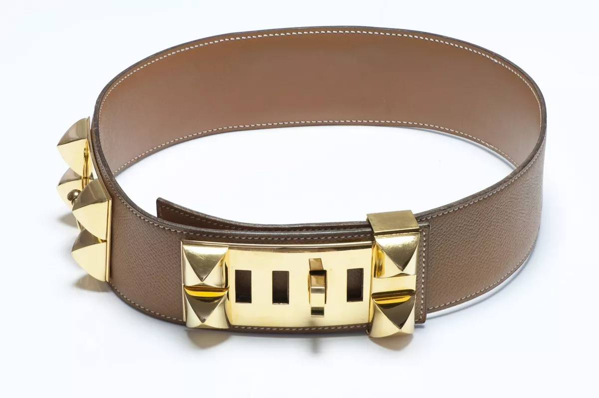 HERMES Paris Wide Brown Leather Collier De Chien Women's Waist Belt Size 60