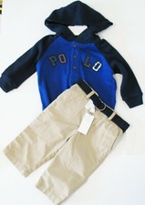 Ralph Lauren Baby Boys Hooded Top  Belted Pant Set French Navy Sz 6M - NWT